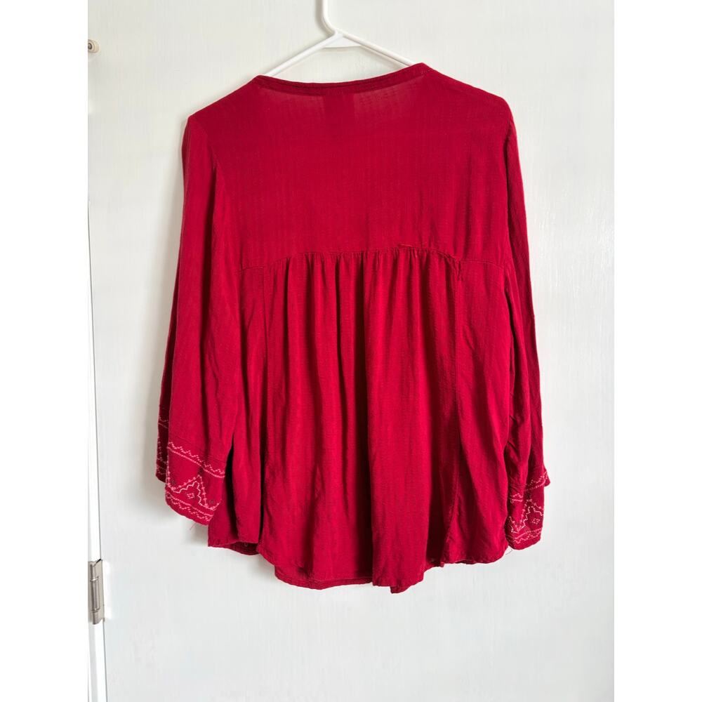 knox Rose Red embroidered Rayon Top Long Flare Sleeves Tassels XXL Boho Peasant - Picture 2 of 7